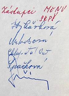 Podpisy zstupc MNV a SRP, na zvr kolnho roku 1974 - 75.