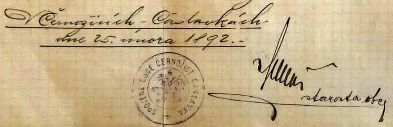 razítko Černožice - Čáslavky 1892